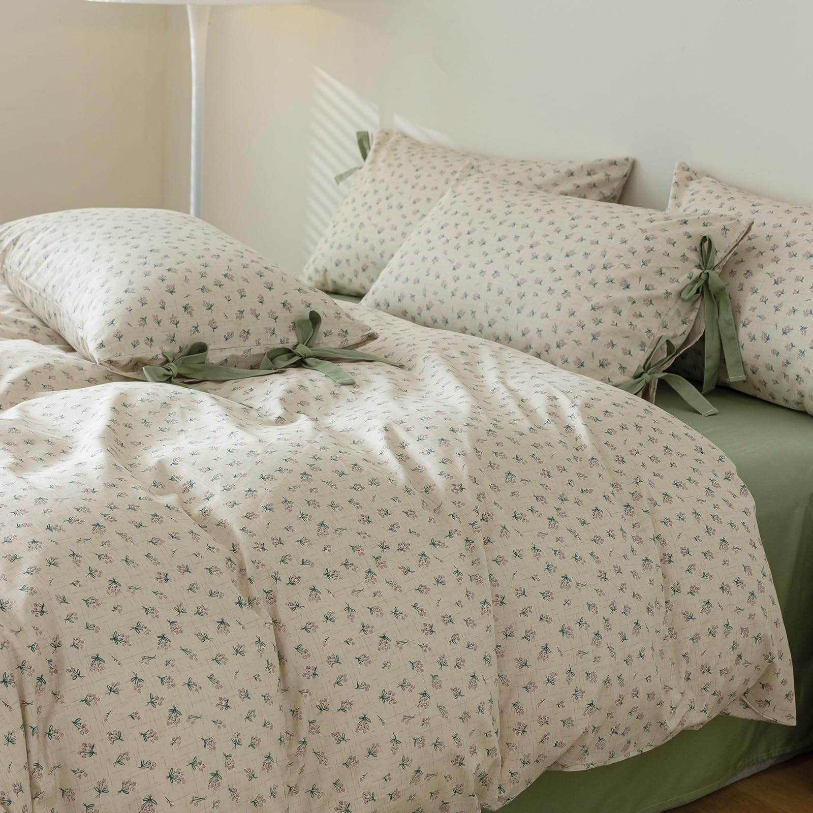 Cotton Duvet Cover King Chic Aesthetic Green Floral Comforter Cover Vintage Cottagecore Style Duvet Cover With 2 Bowknot Pillowc